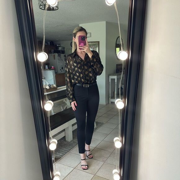 Zara Black & Gold Metallic Paisley Print Button Down Long Sleeve Blouse - Picture 1 of 10